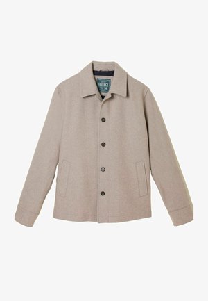 Hellbeige Wollmischung Jacke mit Kragen, vorderem Knopfverschluss und zwei seitlichen Taschen. Glatte Textur und taillierte Passform.