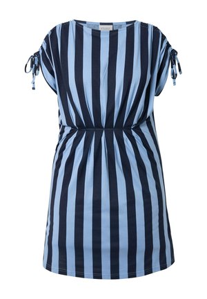 Kjole med lodrette navy- og lyseblå striber, korte ærmer med snorebind, og detaljer med rynket talje.