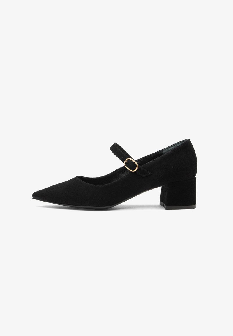 Chaussure Mary Jane en suède noir avec un bout pointu, un talon bloc noir plat et une sangle ajustable avec une boucle de couleur dorée.