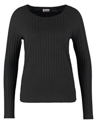 Pull noir à manches longues en maille côtelée avec encolure ronde et silhouette ajustée, présenté sur fond blanc.