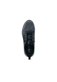 Dark gray athletic shoe with black laces, knit breathable upper, black pull tab on heel, and "SALAMAN" branding inside.