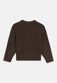 Brown knitted sweater with ribbed texture, crew neckline, and dropped shoulders. Features long sleeves and a relaxed fit, minimalist design.