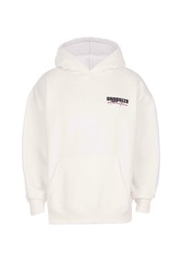 Hvid hættebluse med frontlomme og "Dropsize Adventure" tekst trykt i sort og rød på den øverste venstre bryst.