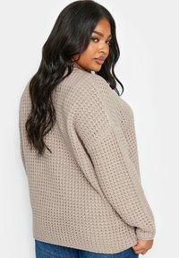 Maglione lavorato a maglia beige chiaro con un motivo testurizzato, maniche lunghe e vestibilità rilassata. Il retro è leggermente più lungo del davanti.