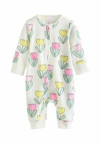 Body a maniche lunghe in morbido tessuto bianco, con un motivo floreale di tulipani gialli, rosa e verdi. Chiusura con zip e polsini a costine.
