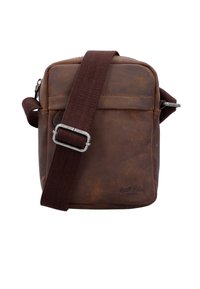 Borsa a tracolla in pelle marrone con superficie texturizzata, tracolla in tessuto regolabile, chiusura con cerniera e tasca frontale. Ha dimensioni approssimativamente medie.