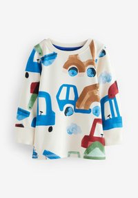 Chemise en coton à manches longues avec un fond crème et des illustrations de voitures colorées en bleu, rouge et vert, accompagnées de détails en forme de nuage et d'un col ribbé.