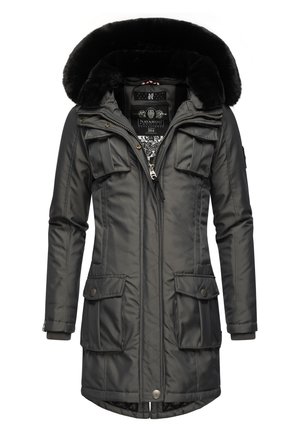 Dark gray parka jacket with a fur-lined hood, front zip, four external pockets, and ribbed cuffs. Smooth, quilted fabric finish.