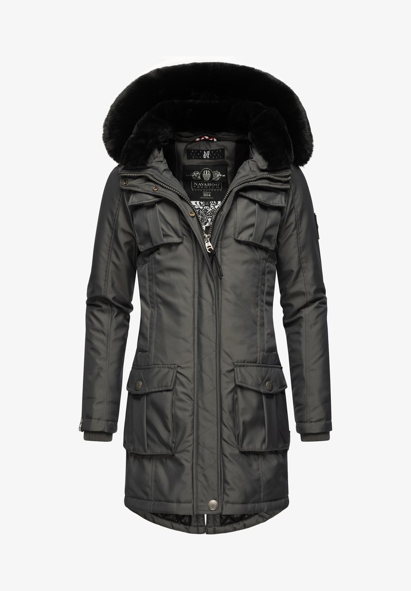 Dunkelgrauer Parka mit einer fellgefütterten Kapuze, Frontreißverschluss, vier externen Taschen und gerippten Bündchen. Glatte, gesteppten Stoffoberfläche.