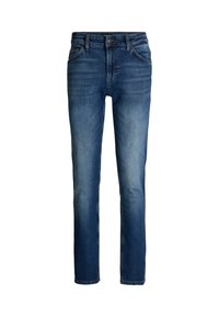 Niebieskie dżinsy typu straight leg, z wyblakłym wykończeniem, pięcioma kieszeniami i metalowym zapięciem. Gładka tekstura na całej powierzchni.