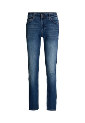 Blauwe denim jeans met een recht gesneden ontwerp, voorzien van een vervaagde wasbeurt, vijf zakken en een metalen knoopsluiting. Zachte textuur overal.