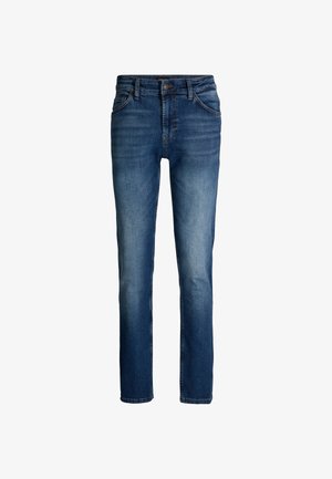 Blauwe denim jeans met een recht gesneden ontwerp, voorzien van een vervaagde wasbeurt, vijf zakken en een metalen knoopsluiting. Zachte textuur overal.