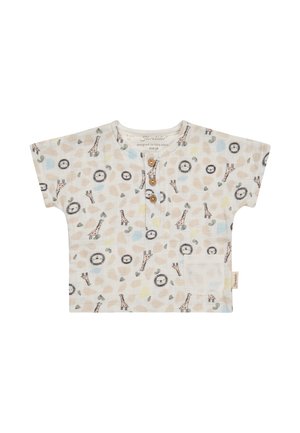 Baby-Kurzarmhemd mit Giraffen- und Löwendruck, drei Holzknöpfen vorne und einer kleinen Tasche unten rechts.