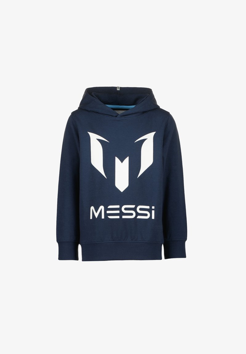 Un hoodie bleu marine avec un grand design graphique blanc représentant un 'M' stylisé et le nom "MESSi" en lettres grasses. Tissu doux.
