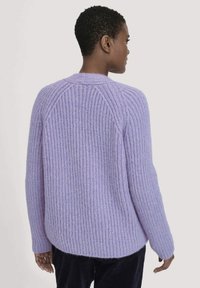 Helle lavendelfarbene Strickpullover mit gerippter Textur, abgerundetem Saum und Raglanärmeln, der aus einem weichen, kuscheligen Material besteht.