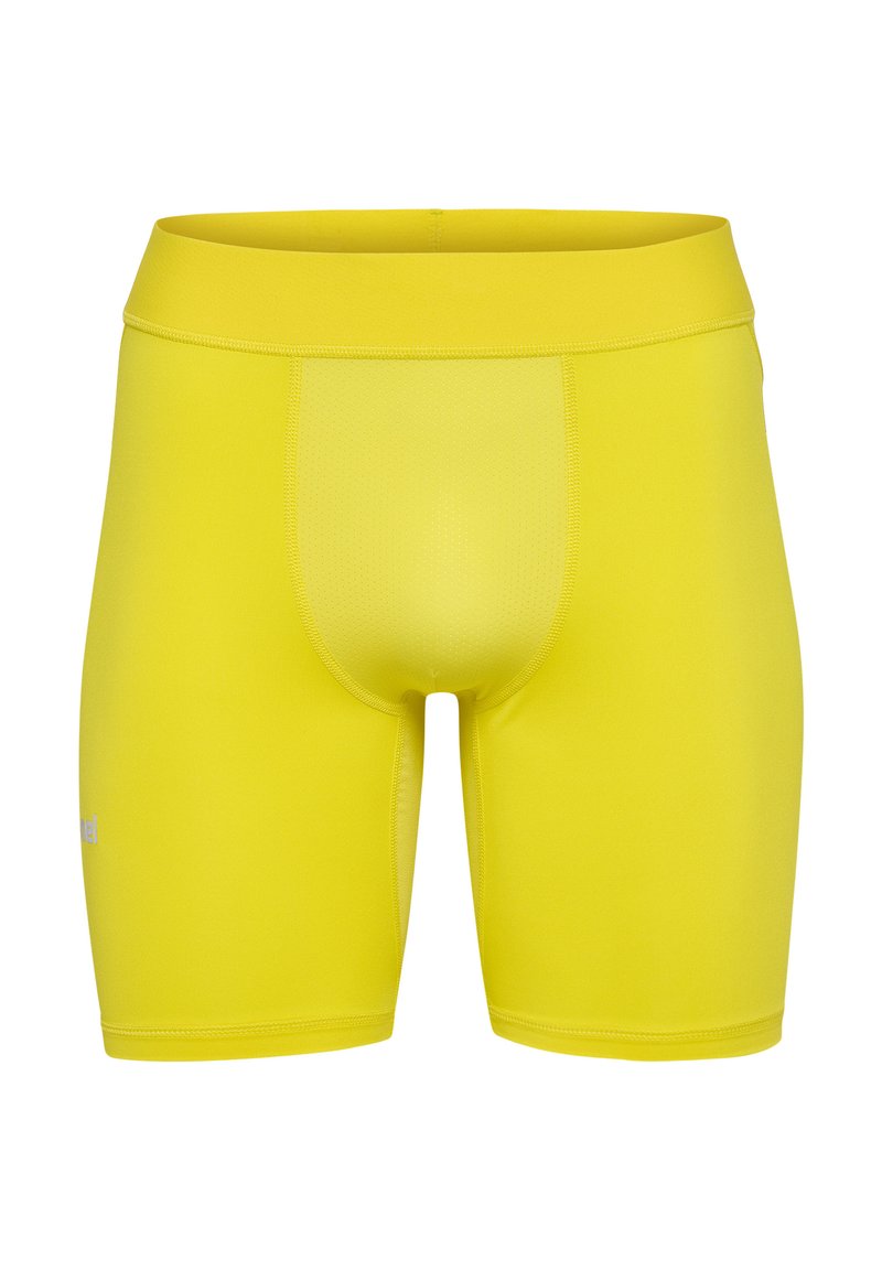 Gele sportieve shorts met een aansluitend ontwerp, gemaakt van gladde, rekbare stof. Bijvoorbeeld een brede tailleband en een korte binnenbeenlengte.