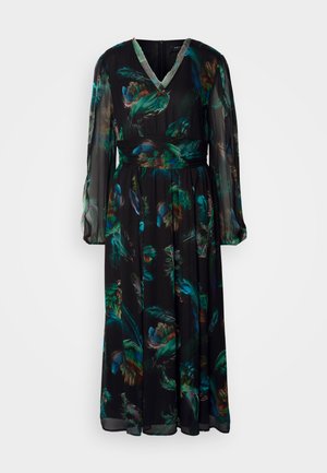 Long black dress with a V-neck, sheer long sleeves, and a cinched waist. Features a colorful feather pattern in shades of green, blue, and orange.