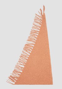 Écharpe orange triangulaire texturée avec de longues franges d'un côté, fabriquée dans un matériau doux, mettant en avant une apparence chaleureuse et confortable.