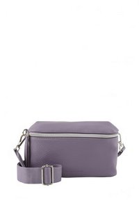 Borsa cosmetica in pelle viola dalla forma rettangolare, con cerniera argentata, tracolla rimovibile e texture liscia. Nessun motivo o dettaglio visibile.