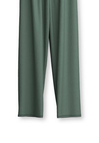 Grüne, leichte Stoffhosen mit lässiger Passform. Sie besitzen eine glatte Textur und einen geraden Schnitt, der bis zum Knöchel reicht und einen einfachen Saum aufweist.