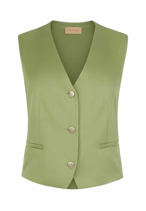 Gilet verde chiaro senza maniche con scollo a V, tre bottoni rotondi e due tasche frontali orizzontali, realizzato in tessuto liscio.