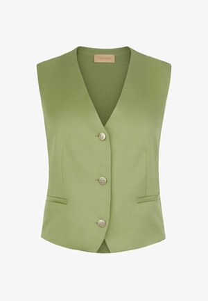 Jasnozielona kamizelka bez rękawów z dekoltem w serek, trzema okrągłymi guzikami i dwoma poziomymi przednimi kieszeniami, wykonana z gładkiego materiału.