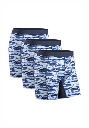 Pánské boxerky s modrým maskáčovým vzorem. Vyrobeny z měkké tkaniny s tmavým pasem. Design zahrnuje těsné padnutí a délku ke střednímu stehně.