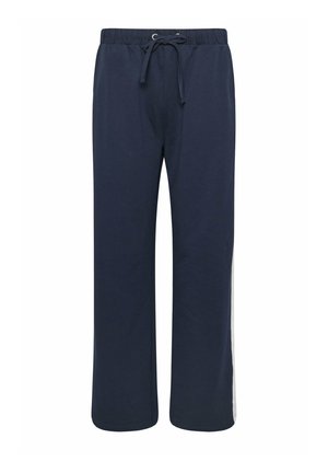 Marineblaue Jogginghose mit geradem Bein, elastischem Bund und verstellbarem Kordelzug, mit einem weißen vertikalen Streifen an den Seiten.