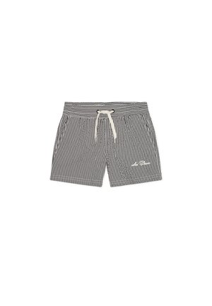 Shorts à rayures verticales bleu marine et blanc avec ceinture élastique, cordon blanc et petit logo blanc brodé sur la jambe gauche.