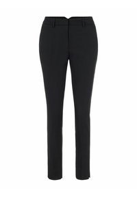 Svarta skräddarsydda byxor med smal passform, platt front och subtil veck. Tillverkade av lättviktig tyg med en slät textur.