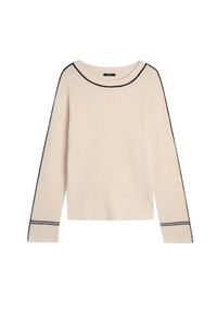 Suéter de punto acanalado crema con mangas largas, costuras de acento negras a lo largo del escote y los bordes de las mangas, hecho de un material de punto suave.