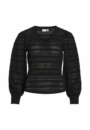 Juodas megztinis su V formos iškirpte, tekstūruotu mezgimo raštu ir pūstomis rankovėmis. Sukurtas su ruoželiais ant rankovių ir prigludusia juosmens dalimi.