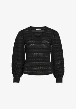 Mustra mustra V-kaelusega must kampsun, tekstuurse kudumismustriga ja puffis varrukatega. Omab soonikuid mansette ja sobivaid vöökohti.