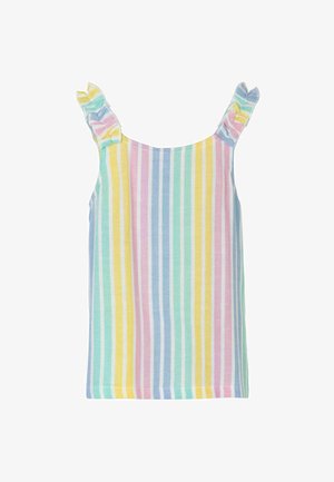 Prugasti top bez rukava od mekog pamučnog materijala s pastelnim bojama: ružičasta, žuta, zelena i plava. Volanaste naramenice i ravni rub.