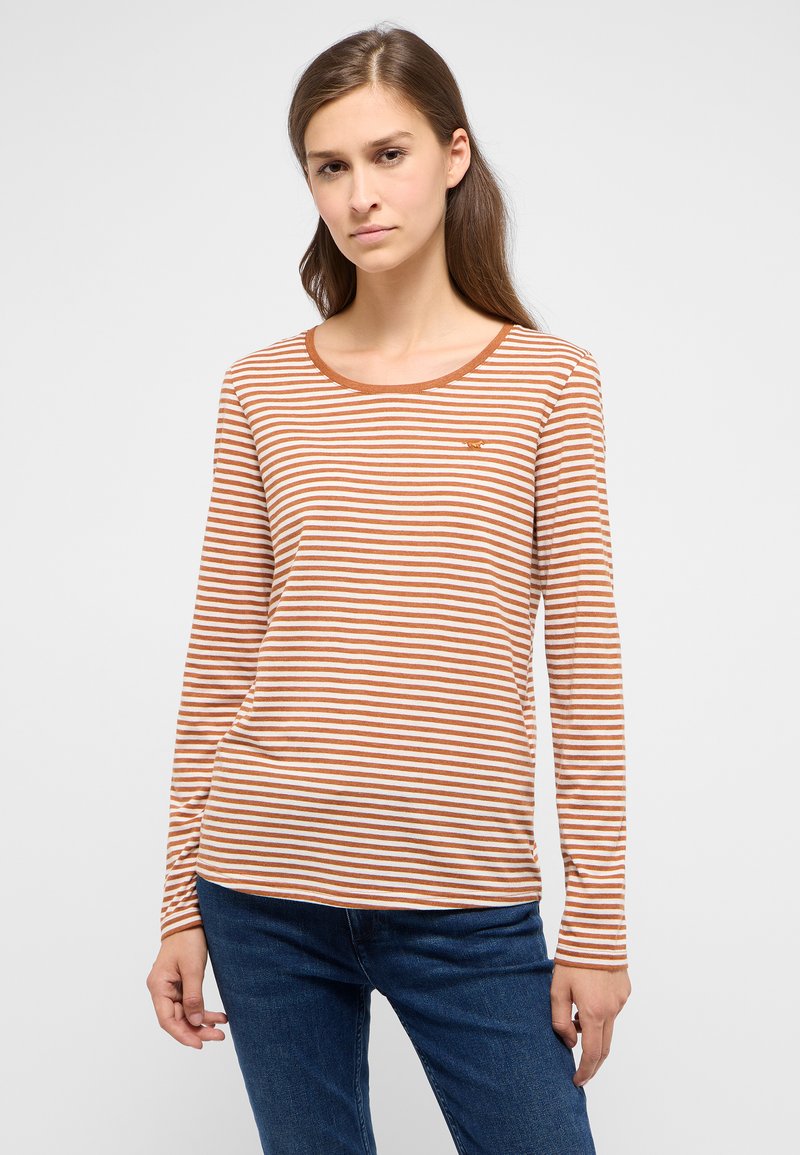 Langärmliges, gestreiftes Oberteil in Orange und Weiß, mit einem runden Ausschnitt und weichem Stoff. Enthält ein kleines Logo auf der linken Brust.