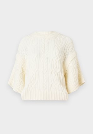 Maglione bianco lavorato a maglia con motivi a treccia, maniche corte larghe e orlo a costine. Tessuto texturizzato dall'aspetto morbido.