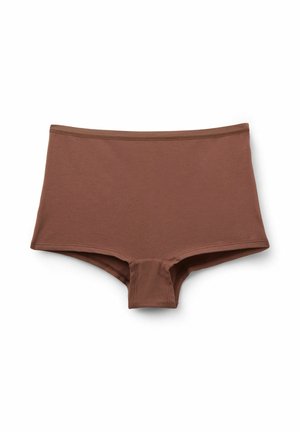 Hnědé bavlněné kalhotky s vysokým pasem, hladkou texturou a elastickým pasem. Charakterizují se minimalistickým designem bez dodatečných vzorů nebo ozdob.