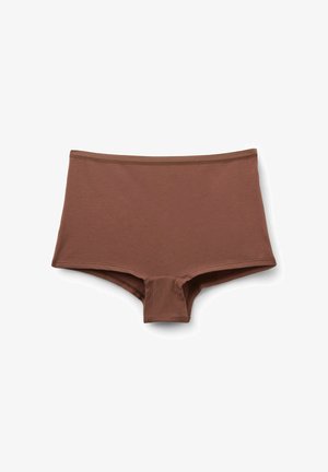 Brązowe bawełniane figi z wysokim stanem o gładkiej fakturze i elastycznym pasie. Charakteryzują się minimalistycznym designem bez dodatkowych wzorów czy zdobień.