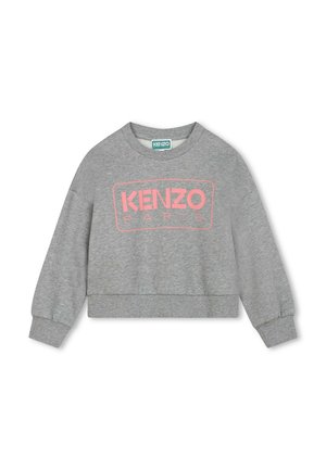 Grijze cropped sweatshirt met lange mouwen en een ronde halslijn. Beschikt over een roze "KENZO PARIS" logo op de voorkant. Zachte stoftextuur.