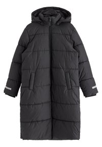 Manteau en duvet noir avec une capuche, comportant une fermeture éclair à l'avant, deux poches latérales, des accents réfléchissants, une texture matelassée et une silhouette allongée.