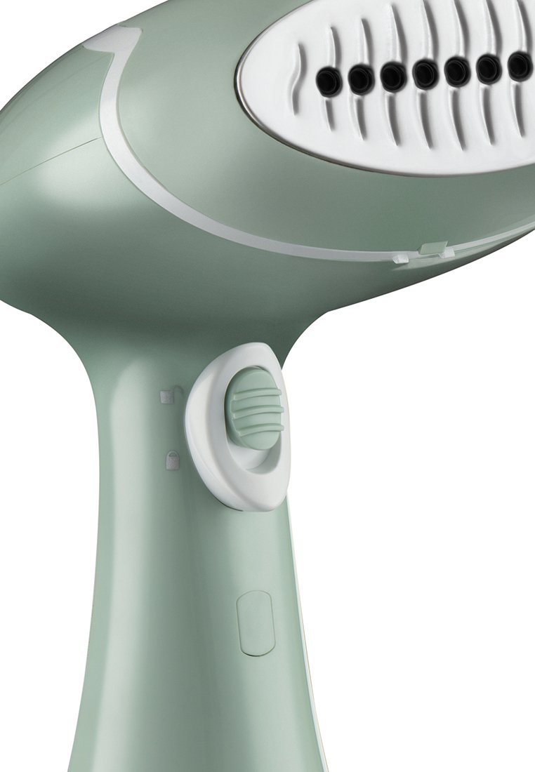 Steamer de ropa de mano en verde claro, con una boquilla blanca y un dial de control. Cuenta con múltiples orificios de vapor y un agarre texturizado para mayor comodidad.