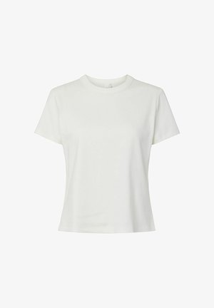 Lihtne valge lühikeste varrukatega ümara kaelusega T-särk veidi vormis lõikega, esitletud valgel taustal.