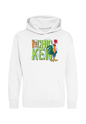 Felpa bianca con cappuccio con un gallo colorato in stile cartone animato e testo "Top Chicken" in verde e arancione sulla parte anteriore.