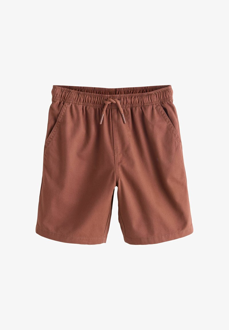 Rudos spalvos tamprūs šortai su raišteliu juosmens srityje, dviem šoninėmis kišenėmis ir lygiu audinio paviršiumi. Trumpas ilgis ir minimalistinis dizainas.