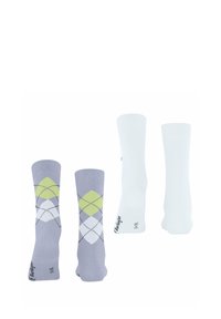 Szare i białe skarpetki; jedna para z diamentowym wzorem w zielono-białe, druga jednolicie biała. Gładka tekstura, ściągacze rib i.