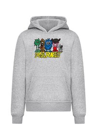 Felpa grigia con stampa grafica di personaggi dei cartoni animati colorati e la parola "MARKET" in grassetto giallo. Tasca a canguro frontale.