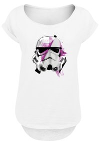 White t-shirt with a round neckline and short sleeves. Features a graphic of a stylized stormtrooper helmet in black and purple accents.