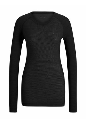 Haut noir à manches longues avec un motif en relief en forme de diamant. Encolure ronde et coupe ajustée. Confectionné dans un matériau léger et respirant.