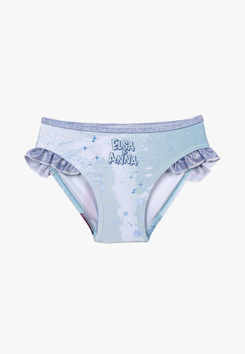 Himmelblaue Mädchen-Schwimmslips mit glitzerndem Bund und Rüschendetails, versehen mit dem Text "ELSA & ANNA" und einem Schneeflockenmuster.
