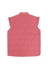 Ärmellose, rosa gesteppte Weste mit Herzmuster und rüschierten Schultern. Rippkragen, weicher Stoff und gerader Saum.